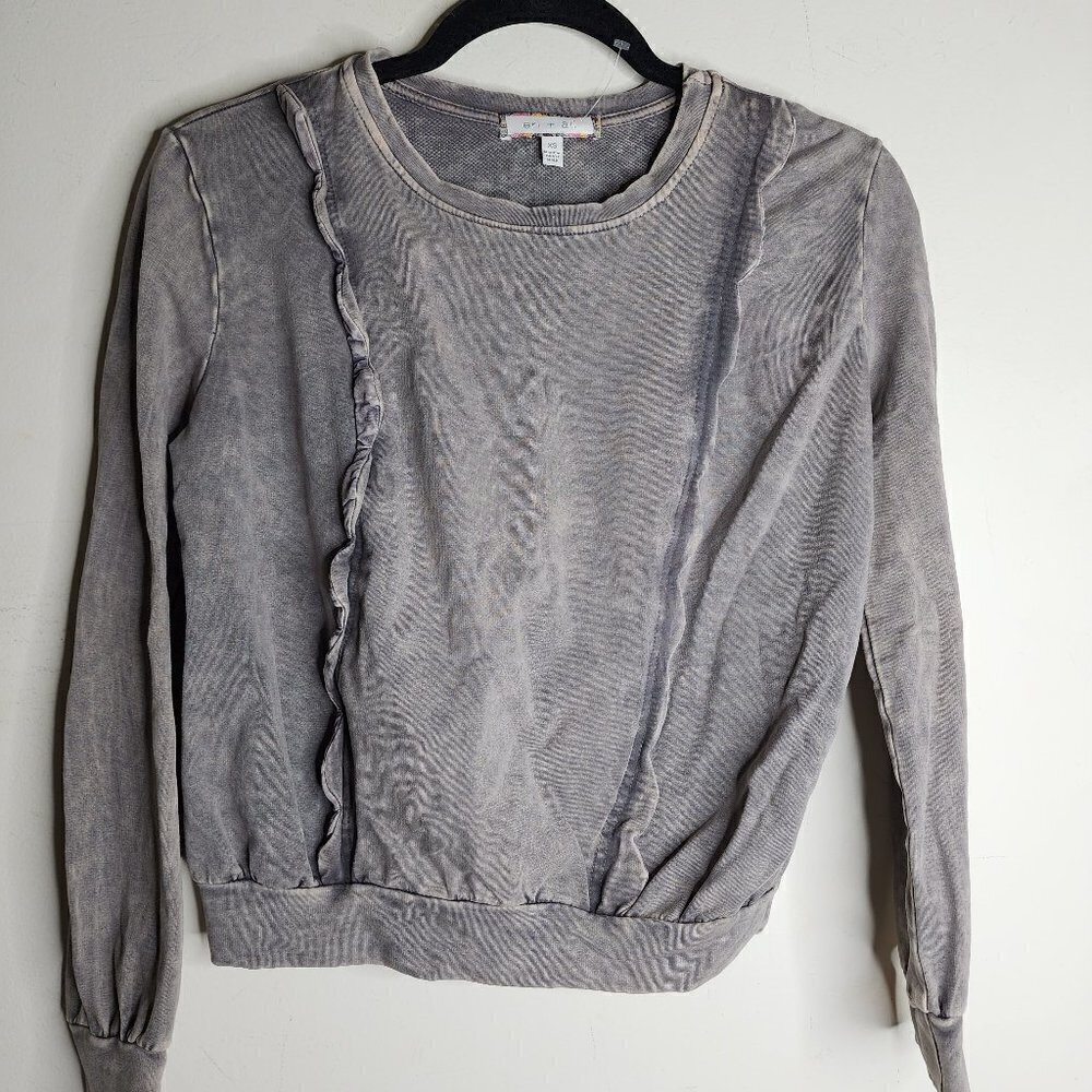 eri + ali Acid Washed Gray Ruffle Front Crew Neck Pullover Sweatshirt, sz XS